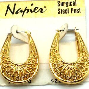 NAPIER Filigree Puffed Hoop Horseshoe Shaped Gold-tone Earrings NWT